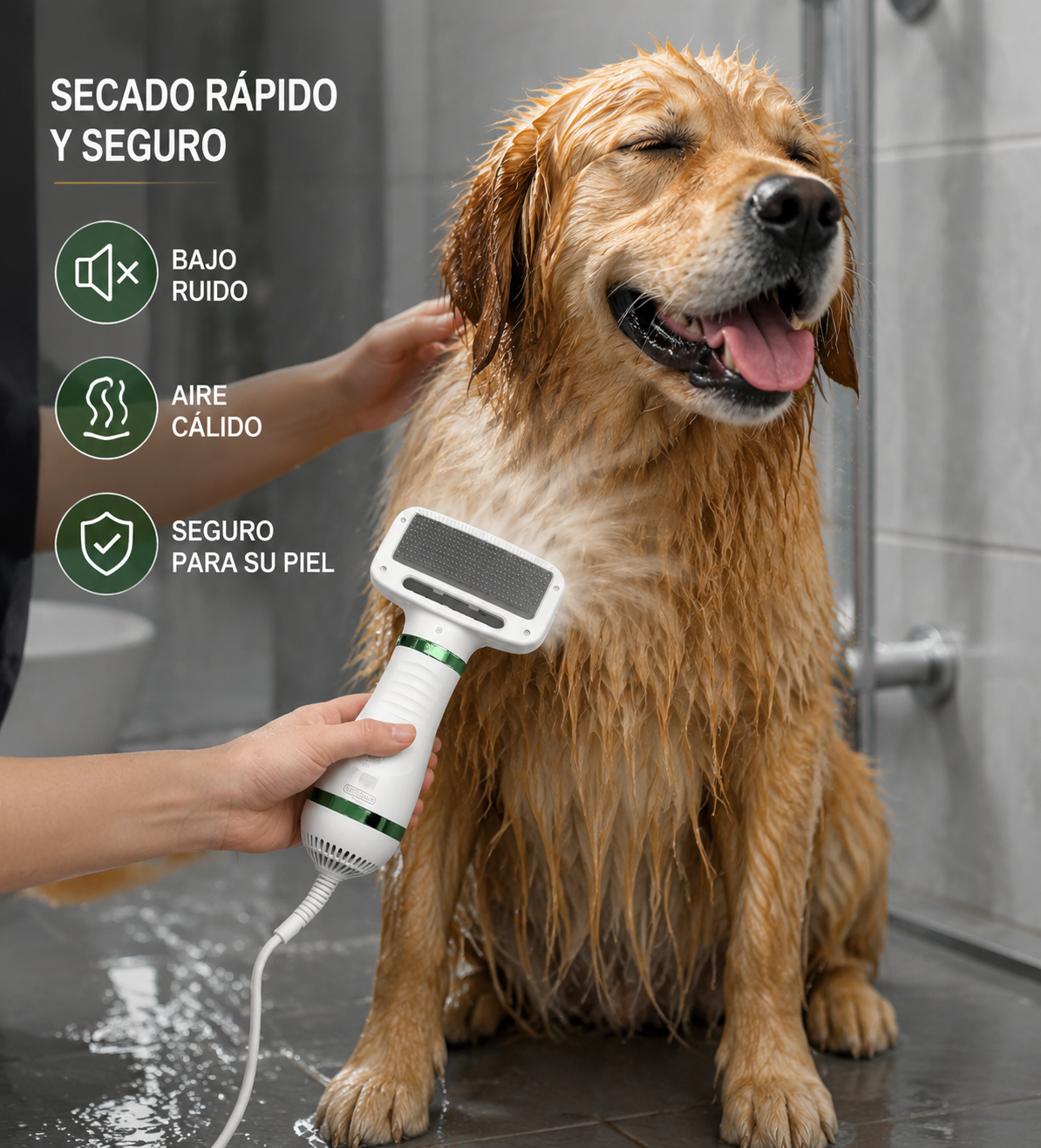 Cepillo Y Secador De Mascotas 2 en 1, seca con aire cálido mientras cepilla el pelaje, reduciendo tiempo, ruido y estrés.