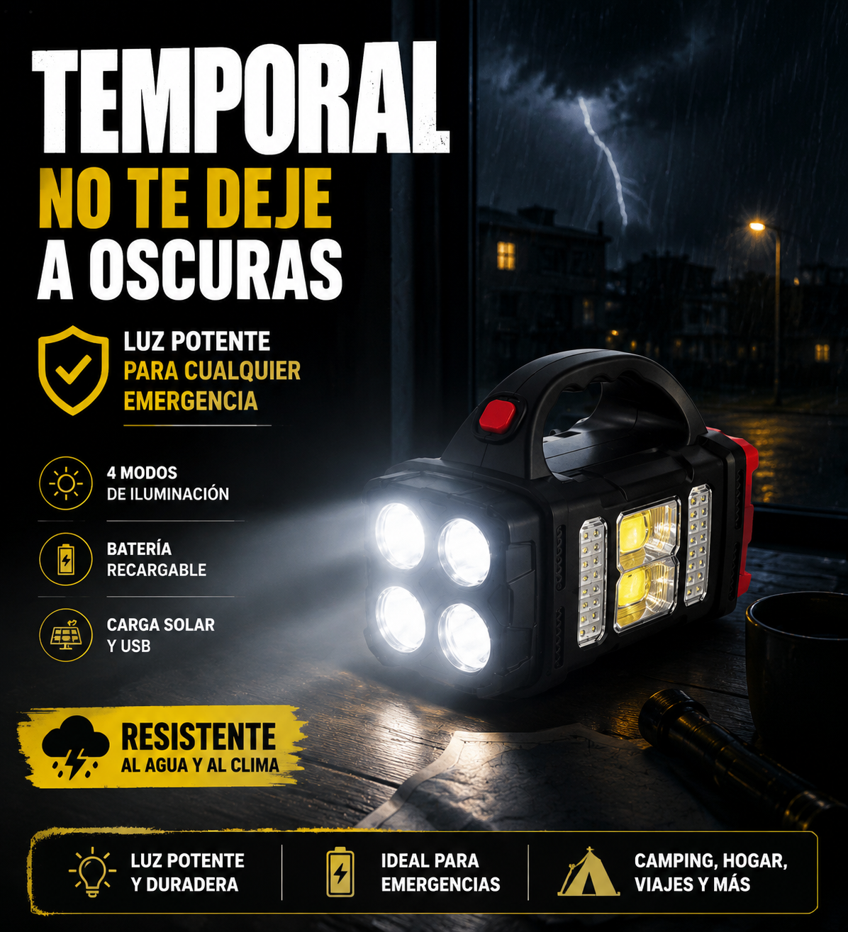 Linterna LED Carga Solar y Usb - Luz y energía y para emergencias.
